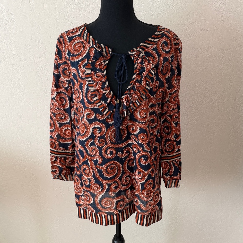 EUC TORY BURCH Women's Navy and Rust Patterned Peasant Top SIZE 14